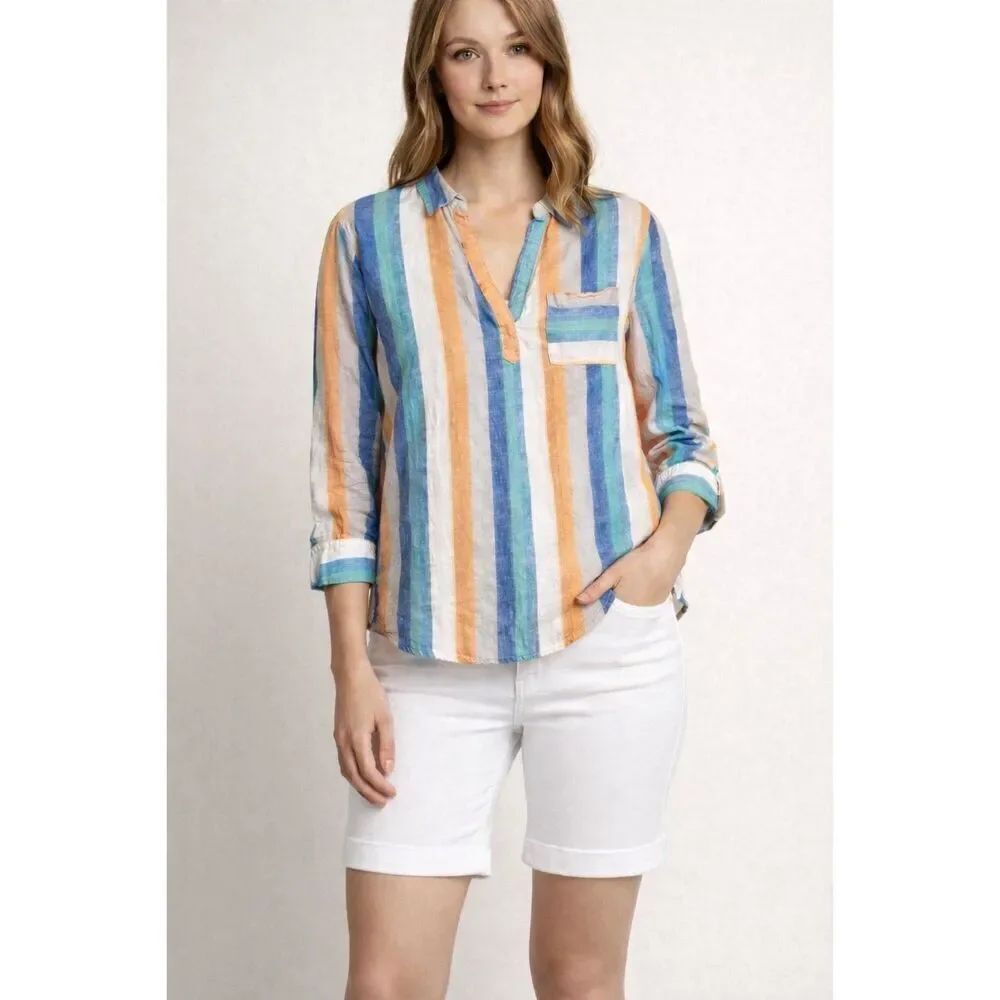 NY&Co Striped Linen Blend Popover Blouse Women’s Medium Lightweight